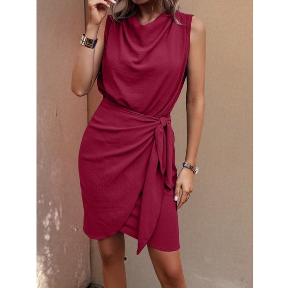Burgundy Crinkle Mini Dress Draped Neck Wrap Overlapping Side Tie Skirt - Picture 3 of 6